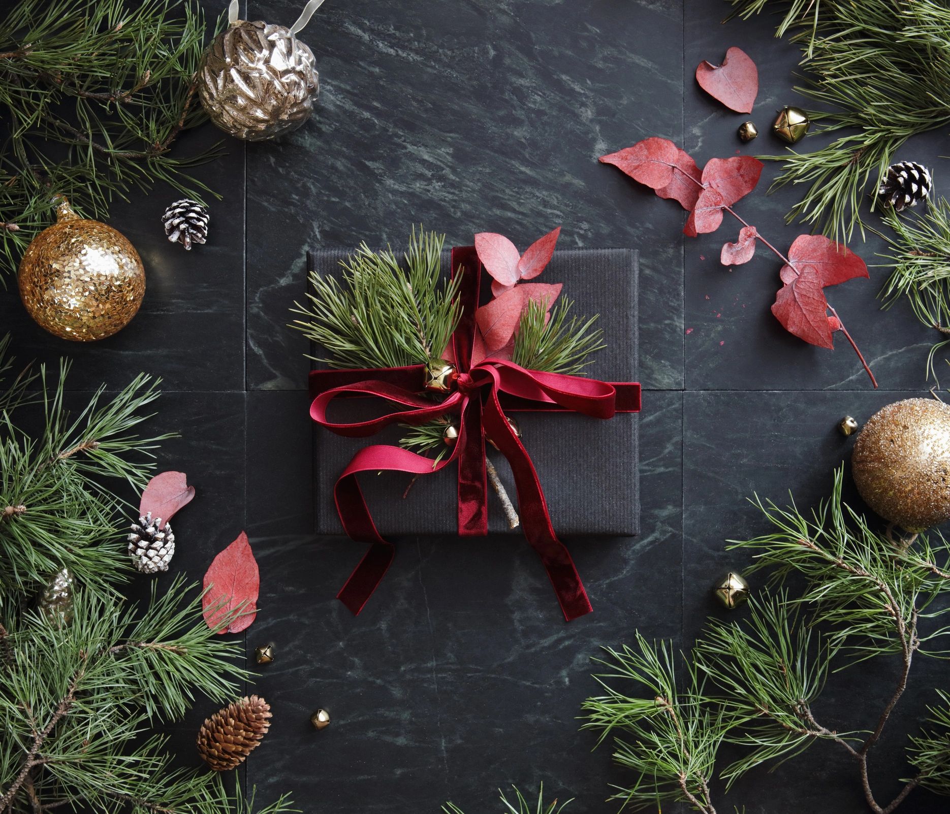 Gift wrapped present flat lay for custom embroidered gifting